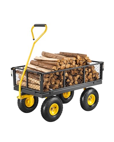 VEVOR 500 Lbs Steel Garden Cart, Heavy Duty Garden Wagon Cart Pullable on Wheels, Metal Yard Utility Wagon Carts with 10" All Terrain Tires, Mesh Removable Sides and 180°Rotating Handle