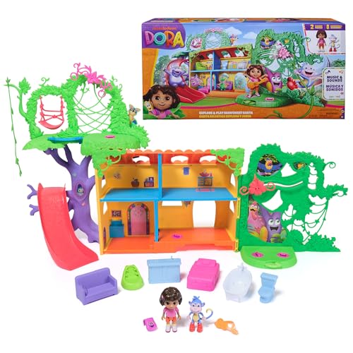 Dora, Explore & Play Rainforest Casita Playset, Dora & Boots Figures, Dollhouse Furniture, Bilingual Phrases, Kids Toys 