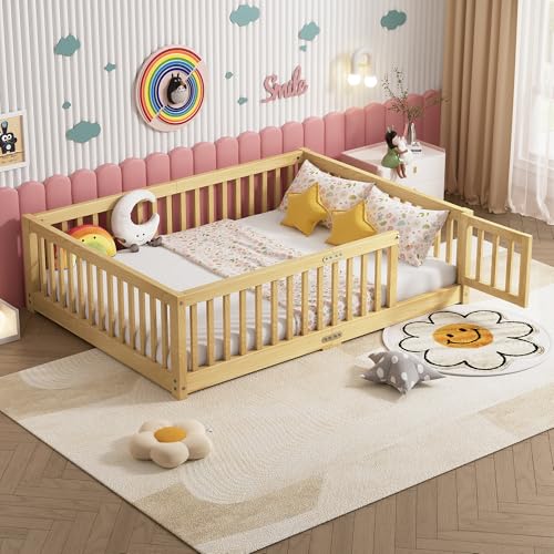 PVWIIK Full Size Floor Bed with Convertible Door & Wood Slats Support for Girls & Boys,Wood Montessori Bed Frame w/Guardrails & Close to The Floor for Kids,Natural