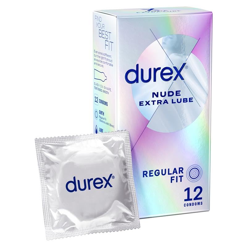 Durex Nude Extra Lube Condoms, Regular Fit, 12 Pack, Ultra Thin, Designed to Feel It All, Extra Lubrication, Silicone Lube, Easy On Shape
