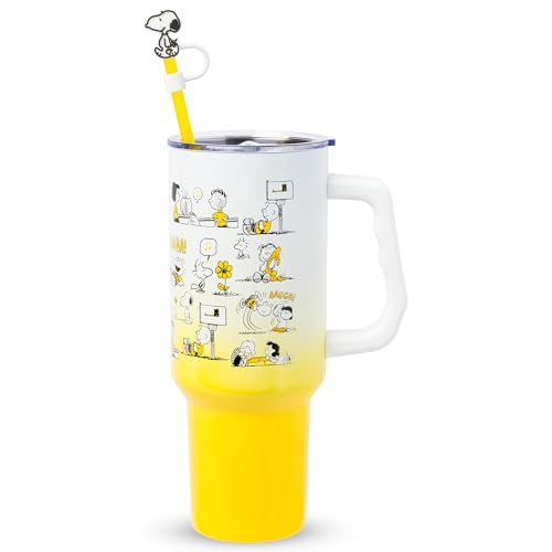 Silver Buffalo Peanuts Featuring Charlie Brown, Snoopy, Woodstock, Lucy, Sally, Linus, and More Stainless Steel Tumbler with Handle and Straw, Fits in Standard Cup Holder, 40 Ounces