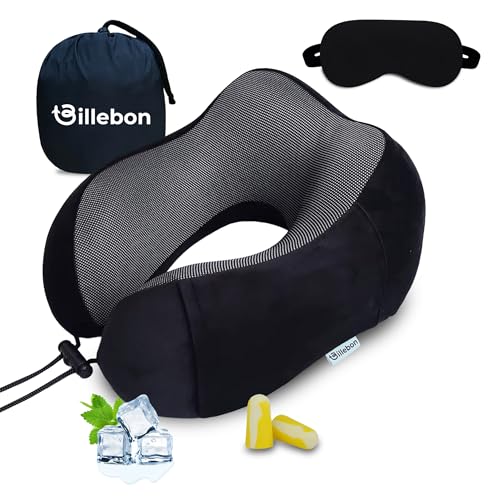 Billebon Neck Pillow for Travel – Cool-Gel Infused Memory Foam Support, U-Shape Ergonomic Design, Portable for Flight Journeys, Lightweight Compact Bu