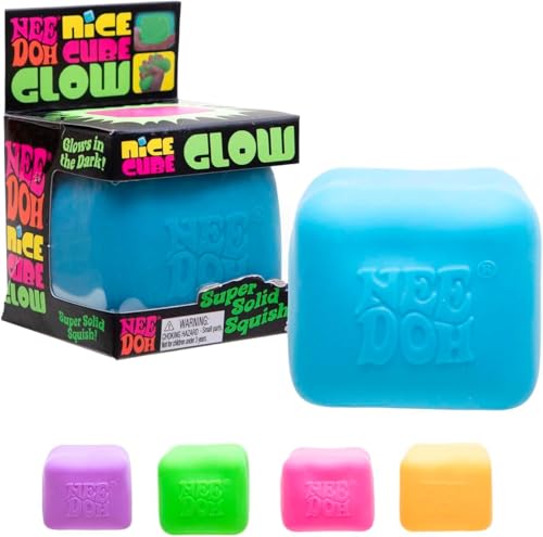 Schylling NeeDoh Nice Cube Glow - Sensory Toy with a Super Solid Squish - Glows in The Dark and Always Returns to its Square Shape - Ages 3 and Up - Color May Vary; One Cube Per Pack