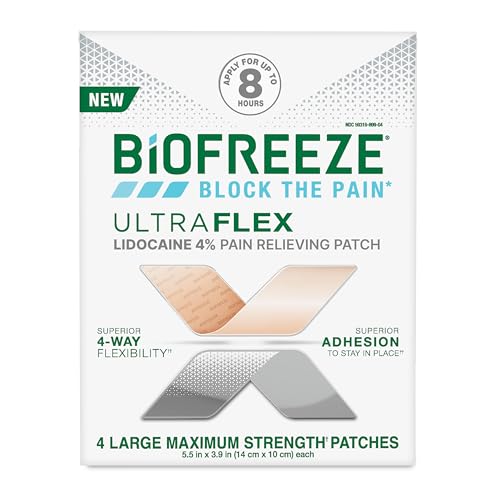 Biofreeze UltraFlex Lidocaine Patches Maximum Strength, Flexible Pain Relief Patch for Lower Back, Lidocaine Patch for Neck, Knee, Shoulder, 4 Large Pain Patches
