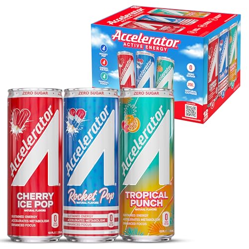 Accelerator Energy Drink Sugar Free, Variety Pack 12oz can(12 pack), Zero Sugar Energy Drinks with Sustained Energy from 100% Natural Caffeine (200mg) & Green Tea extract
