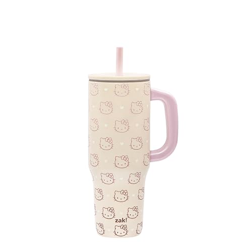 Zak Designs Sanrio Sutton Travel Tumbler for On the Go or At Home, 40oz Stainless Steel with Vacuum Insulation, Silicone Straw, Carry Handle, and 3D Artwork for Cold Drinks (Hello Kitty)