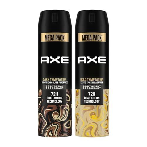 Axe Dark Temptation Men's Deodorant + Axe Gold Temptation Long Lasting Deodorant Bodyspray For Men, With An Irresistible Scent 215ml, Pack of 2