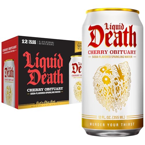 Liquid Death, Cherry Obituary, Soda-Flavored Sparkling Water, 12-Pack (12oz Cans), Low Sugar, Huge Flavor & No Artificial Sweeteners