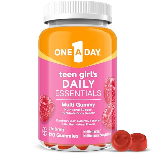 One A Day Teen Girl’s Daily Essentials Multivitamin Gummies, Teen Girl Multivitamins with Biotin, Vitamin B12 and B6, Vitamin C, Raspberry Natural Flavor, 120 Gummies