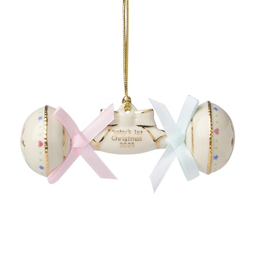 Lenox Ornament, 2025 Babys 1st Christmas Rattle Ornament, Porcelain with Gold Accents and Hanging Cord, Christmas Decorations, Blue/Pink Ribbons, Winter Tree Decor, Winter Decor (Cream, 1 Piece)