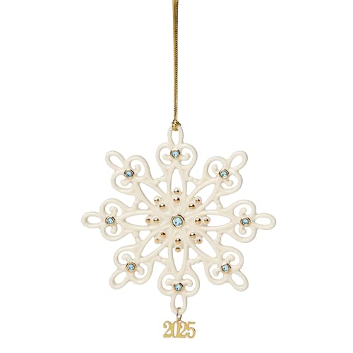 Lenox Ornament, 2025 Gemmed Snowflake Ornament, Porcelain with Gold Accents and Blue Gemstones, Christmas Tree Decorations, Christmas Decoration, Gold Cord for Hanging Included (Cream, 1 Piece)