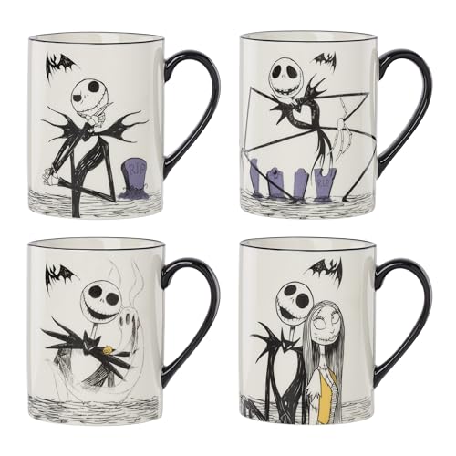 Lenox Coffee Mugs, Nightmare Before Christmas 16 Oz Mugs Set of 4, Porcelain Assorted Halloween Drinkware Set, Jack Skel