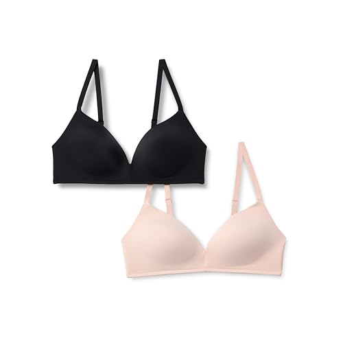 Amazon Essentials Women's Microfiber Lined Plunge Bralette, Pack of 2, Black/Soft Petal, 32B