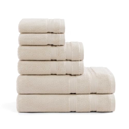 Tommy Hilfiger - Bath Towels, Ultra-Soft & Quick Drying with Zero Twist, 600 GSM Bathroom Towels with Iconic Flag Accent (Harborside Solid Beige, 6 Piece)