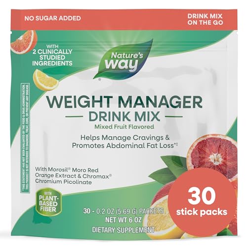 Nature’s Way Weight Manager Drink Mix, Helps Manage Cravings & Promotes Abdominal Fat Loss‡, with Clinically Studied Ingredients, Plant-Based Fiber, No Sugar Added, Mixed Fruit Flavored, 30 Packets