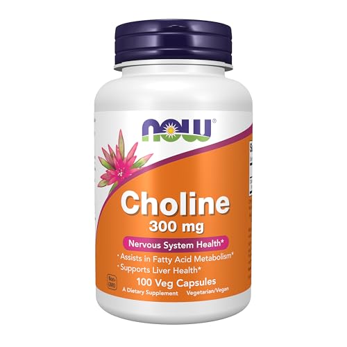 NOW Supplements Choline 300 mg, 100 Veg Capsules - Supports Nervous System and Liver Health, Vegan