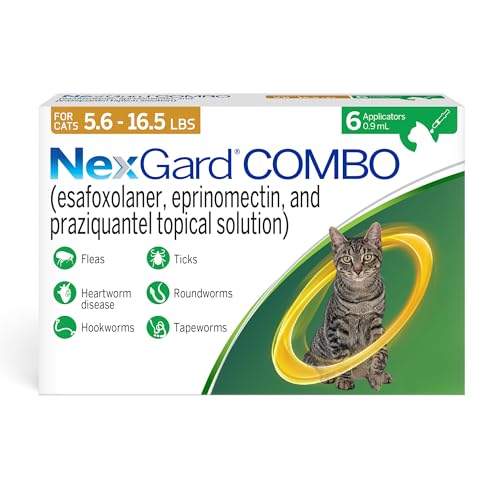 NexGard® Combo (esafoxolaner, eprinomectin, and praziquantel Topical Solution) Flea and Tick Protection Plus Heartworm Disease Preventive for Cats, 5.6-16.5 lbs. (Yellow Box) 6 Doses (6 Month Supply)