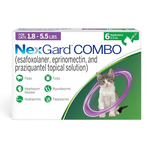 NexGard® Combo (esafoxolaner, eprinomectin, and praziquantel Topical Solution) Flea and Tick Protection Plus Heartworm Disease Preventive for Cats, 1.8-5.5 lbs. (Purple Box) 6 Doses (6 Month Supply)