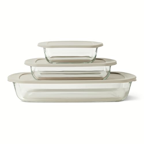 🔥 STARKER PREIS (-40%) Amazon Basics Glas-Backformen mit BPA-freien Deckeln, 6-Teiliges Set, Borosilikatglas, Spülmaschinen- und Ofenfest, Leinengrau