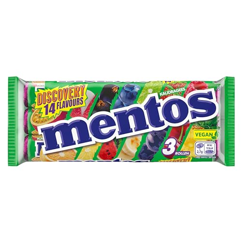 🔥 STARKER PREIS (-35%) Mentos Dragees Discovery, Optimal-saure Frucht-Bonbons mit 14 Flavours, fruchtig-spritzige Kaubonbons, Optimaligkeiten 3er Pack (3 Rollen), vegan