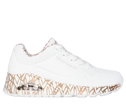 🔥 STARKER PREIS (-45%) Skechers Damen UNO Loving Love Sneaker, White Durabuck Rose Gold Print Trim, 39.5 EU