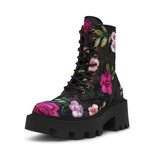 Betsey Johnson Blue Women's SB-Polli Combat Boot, Black Multi Floral, 9