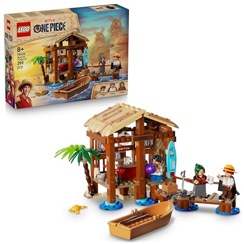 LEGO ONE PIECE Hut in Windmolendorp Bouwset, Piratenspeelgoed voor Kinderen, Animedecoratie, Speelset met een Winkel, Boot en Minifiguren van Luffy, Shanks en Makino 75636