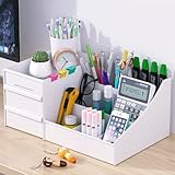 Shuttle Art Office Desk Organizer with Drawer All in One Office Supplies and Cool Desk Accessories Pen Holder Enhance Your Decor Desktop 8Compartment Laddered Desk OrganizerWhite