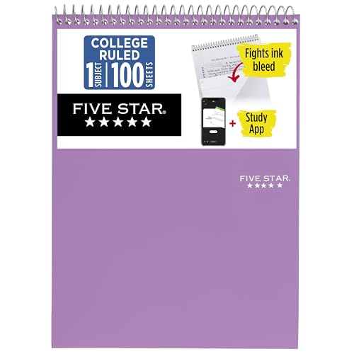 Five Star Top Spiral Notebook + Study App, 1 Subject, College Ruled Notepad, 8-1/2" x 11", 100 Sheets, Fights Ink Bleed, Water Resistant Cover, Amethyst Purple (820058B-ECM)