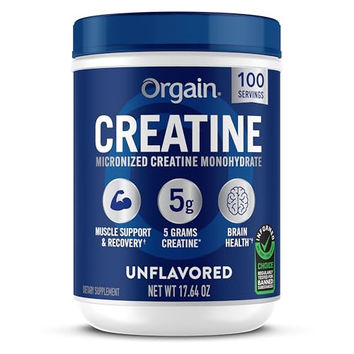 Orgain Creatine Monohydrate Micronized Powder, Unflavored, Supports Muscle Growth, Post Workout Recovery and Brain Health, No Artificial Additives, for Men & Women, Vegan, 100 Servings