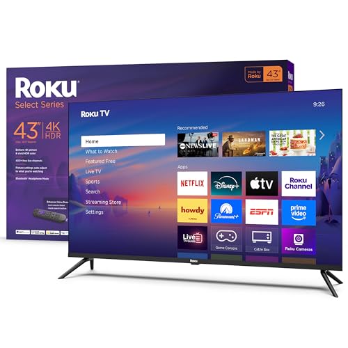 Roku Smart TV 2025 – 43-Inch Select Series, 4K HDR TV – RokuTV with Enhanced Voice Remote – Flat Screen LED Television with Wi-Fi for Streaming Live Local News, Sports, Family Entertainment TV only 43"
