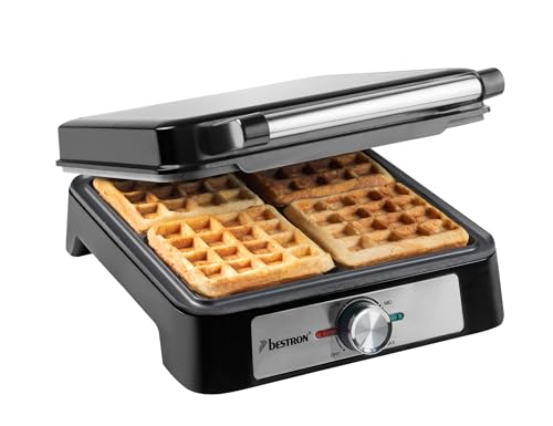 🔥 STARKER PREIS (-37%) Bestron Waffeleisen für Belgische Waffeln, Belgisches Waffeleisen für 4 Waffeln, Größe 10x10cm, Dicke: 1.5cm, stufenloses Thermostat & Backampel, geeignet für Familien oder Ostern, Farbe: Silber