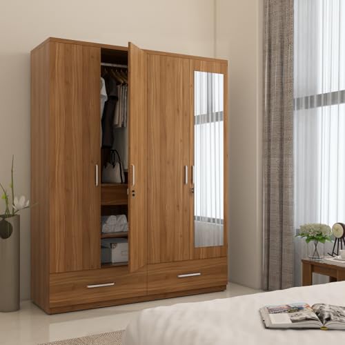 Spacewood Linden Wardrobe | 3 Year Warranty | Almirah, Cupboard, Almari, 4 Door Wardrobe with Mirror, 3 Drawer (1 Lock Drawer) and 2 Hanging Space & 1