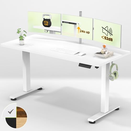 Veken 55 Inch Large Electric Standing Desk,Sit to Stand Up, Heights Adjustable, Work Home Office Computer Table for Study, Walking Pad, Writing, and Games, Wooden Desktop Desks, White