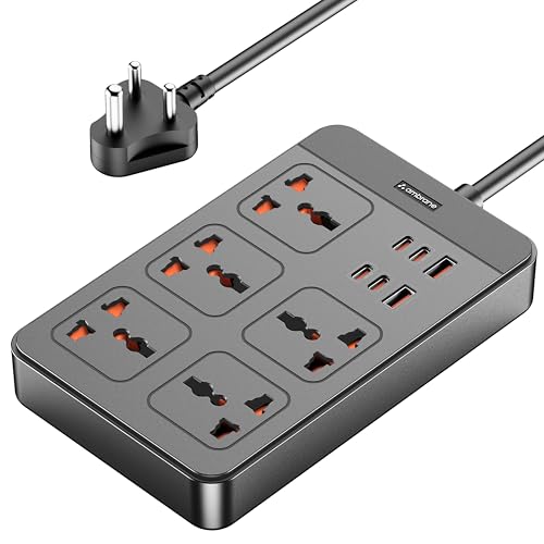 Ambrane Extension Board, 4 Type C, 2 USB, 5 International Power Sockets, 2500W Output, Long Cable, Wall Mount Option, Supports Laptop Charging for