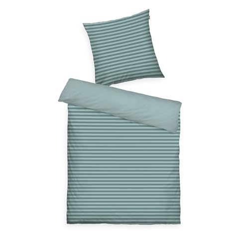 (-33%) TOM TAILOR Renforcé-Bettwäsche, 80x80 + 155x220cm, 100% Baumwolle/Renforcé, mit Wendemotiv und farbigem Reißverschluss, MEDIUM Stripes Türkis (Fresh Sage, Smokey Sage)