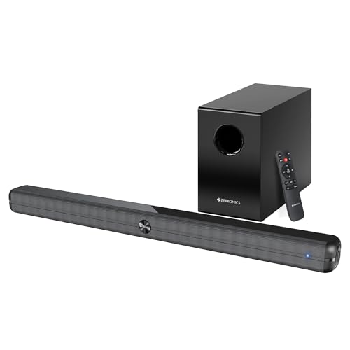 ZEBRONICS 120 Watts Soundbar, Home Theatre, Dual Racetrack Drivers Soundbar, 13.33cm Subwoofer, HDMI ARC, Bluetooth v5.1, USB, Glossy Finish, Wall Mou