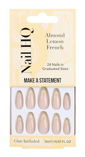Nail HQ Press On Nails – Almond Lemon French Nails, 24 Durable Glossy Finish False Nails for Salon-Quality Manicure at Home