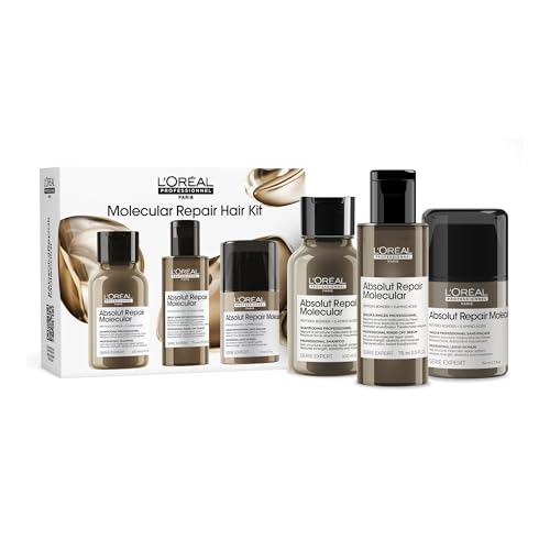 L'Oréal Professionnel Absolut Repair Molecular Shampoo, Rinse-Off Serum & Leave-In Treatment Mini Trio Kit, For Extremely Damaged Hair, Molecular Bond Repair & restores strength, 100ml, 75ml & 50ml