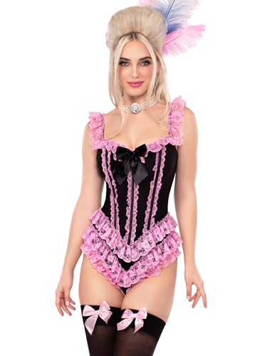 Leg Avenue Women's Ruffle Bodysuit with Boning Sexy Halloween Costumes for Women Adult Sexy Bodysuit Lingerie Perfect for Burlesque or Vegas Showgirl Costume, Black/Pink, Small