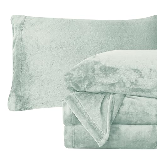 Elegant Comfort Luxuriously Soft 4-Piece Velvet Plush Flannel Sheet Set - Premium Quality - Cozy Warm, Anti-Static, Non Pilling Fuzzy Velvet Flannel Fleece Deep Pocket Sheet Set - Queen, Mint Green