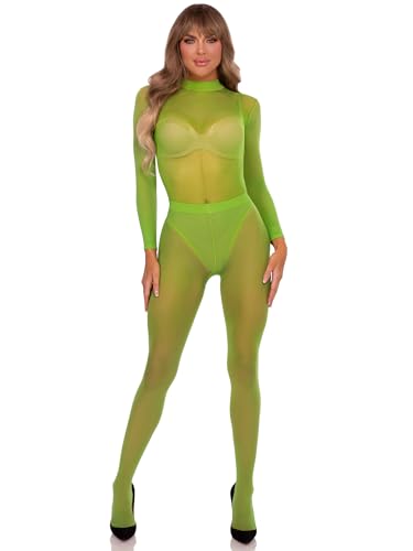 Leg Avenue Womens 2 PC Snap Crotch Long Sleeve Bodysuit and Matching Sheer Tights for Women, Green, O/S