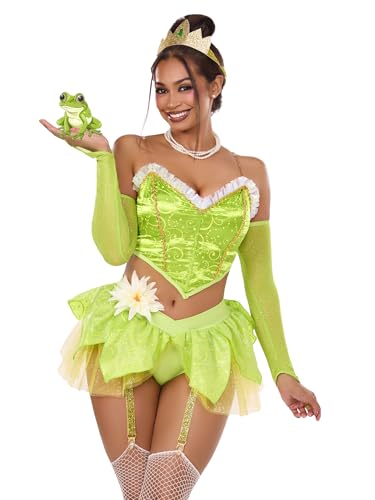 Leg Avenue Women’s 6 PC Bayou Babe Costume Sexy Adult Princess Costumes for Women with Green Bustier Top, Petal Skirt Garter Panty, Pin-On Flower, Clear Straps, and Gauntlet Gloves, Green, Large