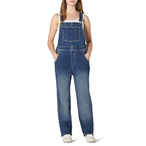 Amazon Essentials Women's Medium Stretch Denim Relaxed-Fit Straight Leg Overalls, Classic Medium Wash, Medium