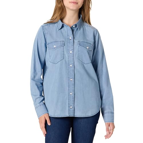 Amazon Essentials Women's Relaxed-Fit Denim Chambray Button-Down Long-Sleeve Shirt, Iced Blue Light Wash, Large