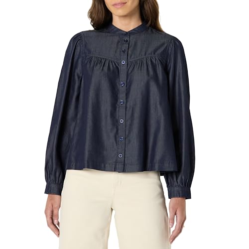 Amazon Essentials Women's Relaxed-Fit Denim Chambray Long-Sleeve Blouse, Rinse, Medium