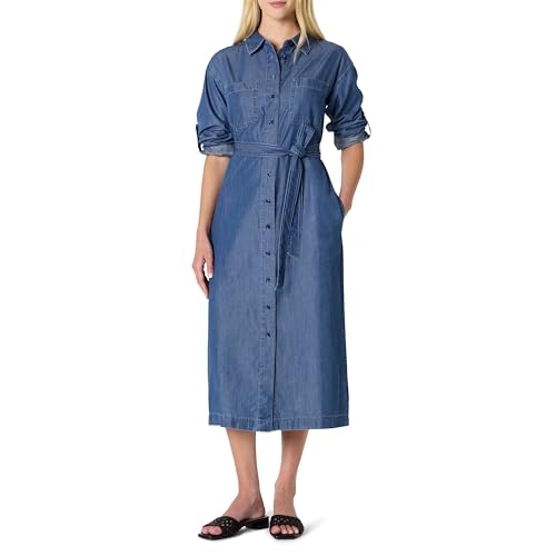 Amazon Essentials Women's Regular-Fit Denim Chambray Long-Sleeve Button-Up Midi Dress, Classic Medium Wash, X-Large