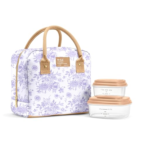 Fit & Fresh Bloomington Lunch Bag for Women - Insulated Large Lunch Box for Work with Containers, Leak-Resistant, Stain-Resistant, Zipper Closure, Lavender Toile
