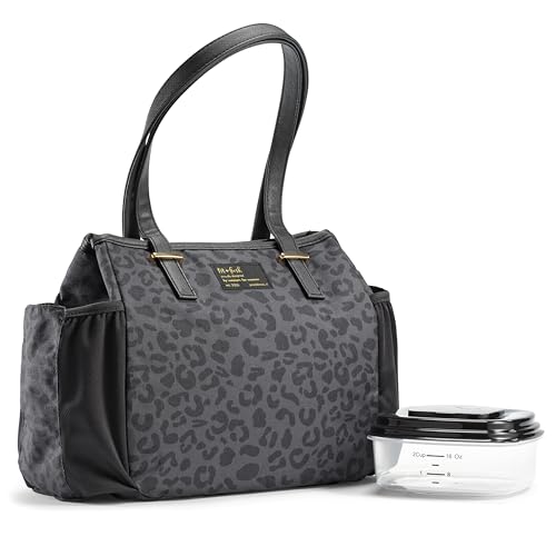 Fit & Fresh Lunch Bag For Women, Insulated Womens Lunch Bag For Work, Stain-Resistant, Lightweight, Large Lunch Box For Women With Container, Zipper, Copley Cheetah Black