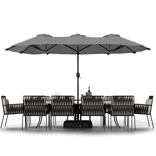 Shintenchi 16FT Large Patio Umbrella with Base, Outdoor Double-Sided Rectangular Umbrella, Market Umbrella with Crank Handle for Poolside Lawn Garden, Gray